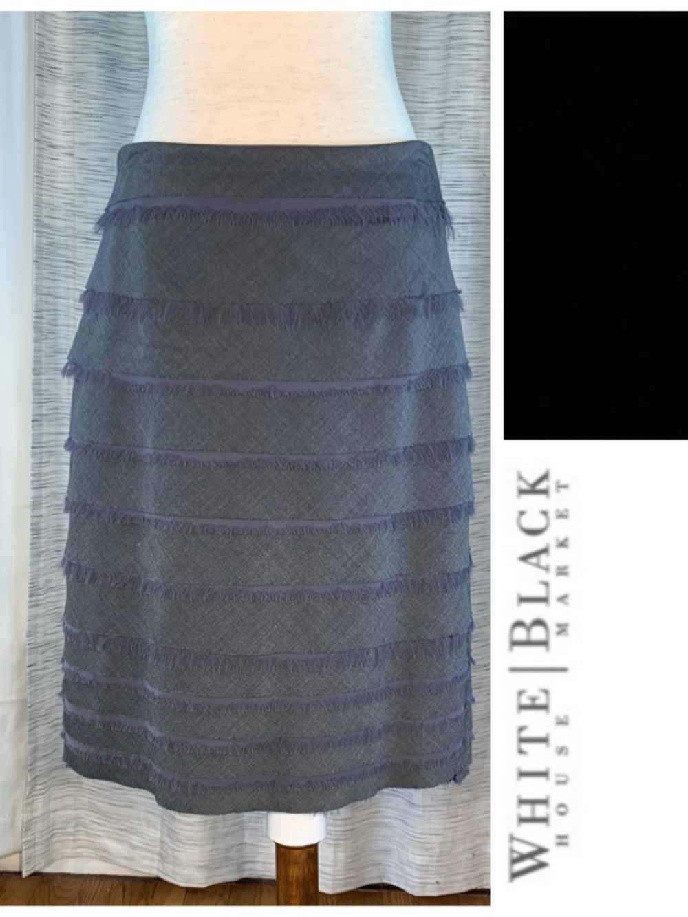 White House Black Market gray/black tiered layered fringed pencil skirt.